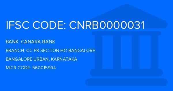 Canara Bank Cc Pr Section Ho Bangalore Branch IFSC Code