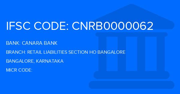 Canara Bank Retail Liabilities Section Ho Bangalore Branch IFSC Code