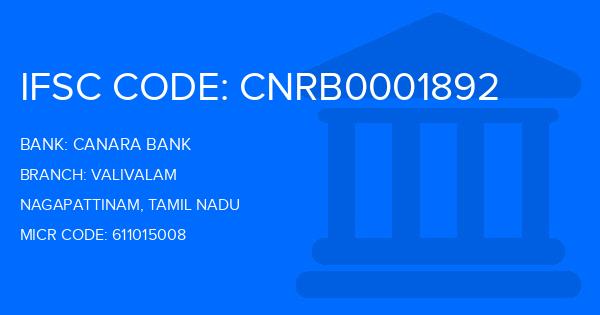 Canara Bank Valivalam Branch IFSC Code