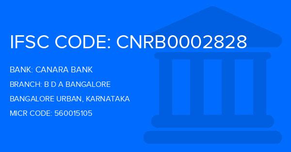 Canara Bank B D A Bangalore Branch IFSC Code