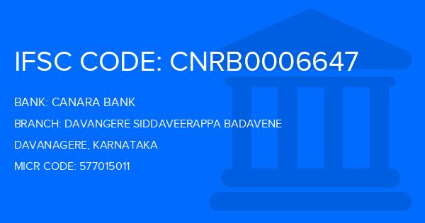 Canara Bank Davangere Siddaveerappa Badavene Branch IFSC Code
