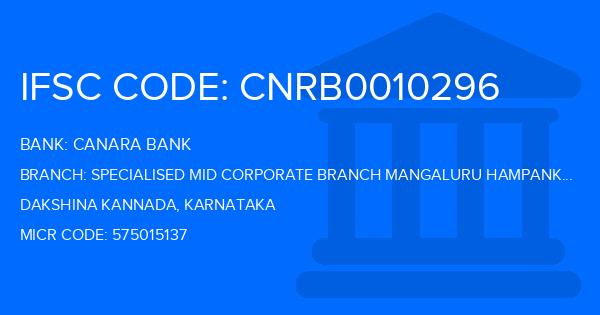 Canara Bank Specialised Mid Corporate Branch Mangaluru Hampankatta Branch IFSC Code