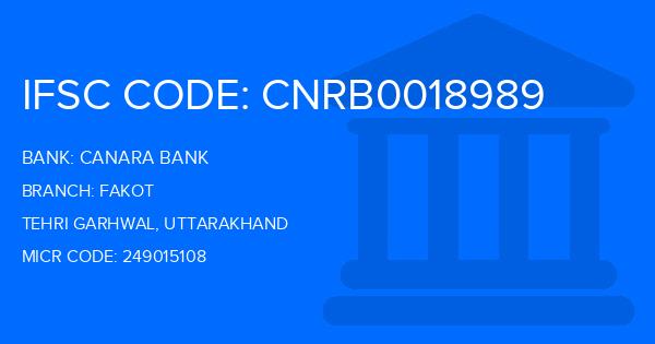 Canara Bank Fakot Branch IFSC Code