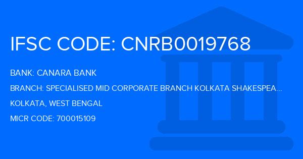 Canara Bank Specialised Mid Corporate Branch Kolkata Shakespeare Sarani Branch IFSC Code