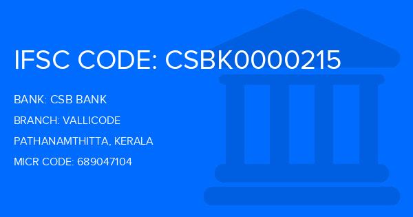 Csb Bank Vallicode Branch IFSC Code