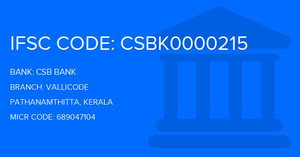 Csb Bank Vallicode Branch IFSC Code