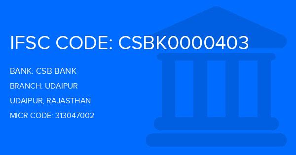 Csb Bank Udaipur Branch IFSC Code