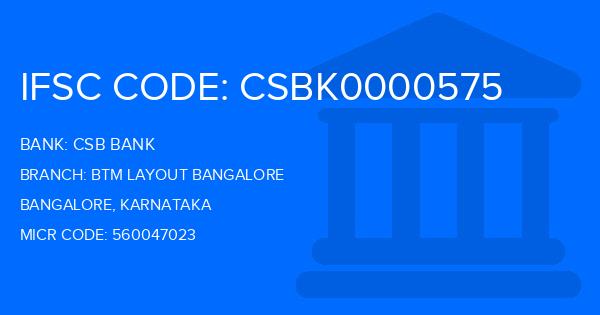 Csb Bank Btm Layout Bangalore Branch IFSC Code