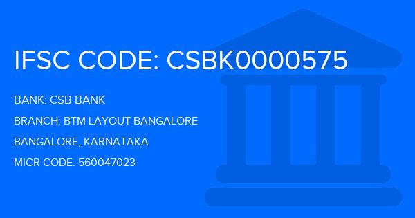 Csb Bank Btm Layout Bangalore Branch IFSC Code