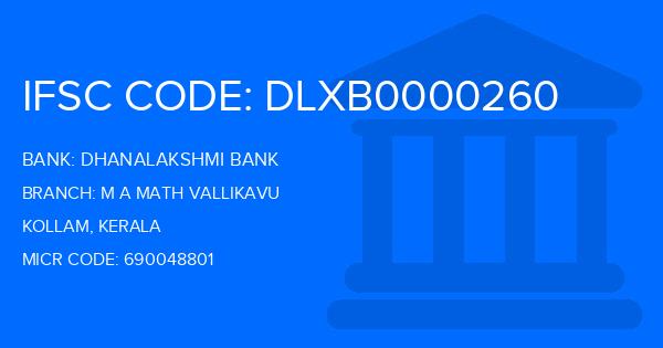 Dhanalakshmi Bank (DLB) M A Math Vallikavu Branch IFSC Code