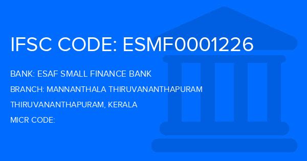Esaf Small Finance Bank Mannanthala Thiruvananthapuram Branch IFSC Code