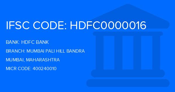 Hdfc Bank Mumbai Pali Hill Bandra Branch IFSC Code