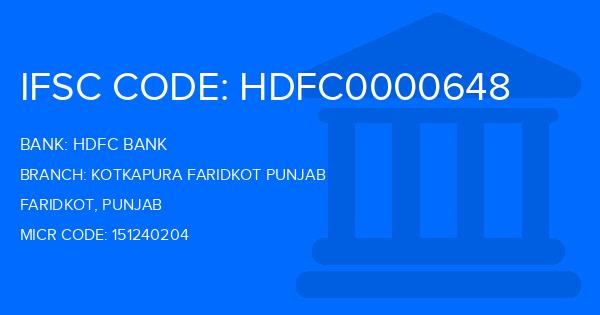 Hdfc Bank Kotkapura Faridkot Punjab Branch IFSC Code