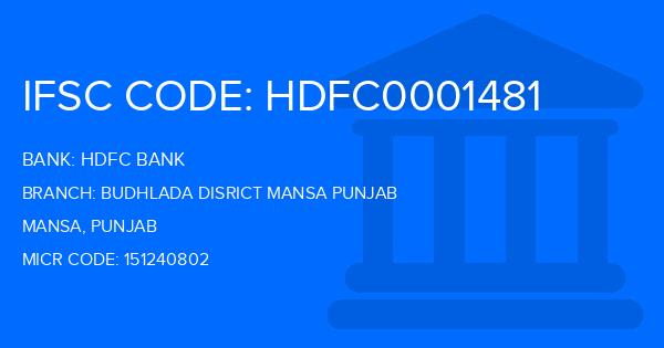 Hdfc Bank Budhlada Disrict Mansa Punjab Branch IFSC Code