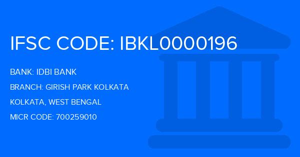 Idbi Bank Girish Park Kolkata Branch IFSC Code