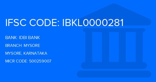 Idbi Bank Mysore Branch IFSC Code
