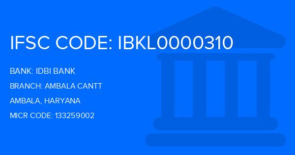 Idbi Bank Ambala Cantt Branch IFSC Code