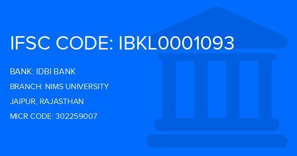Idbi Bank Nims University Branch IFSC Code