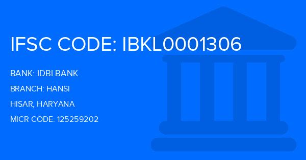 Idbi Bank Hansi Branch IFSC Code