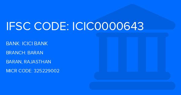 Icici Bank Baran Branch IFSC Code