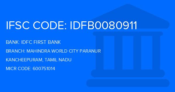 Idfc First Bank Mahindra World City Paranur Branch IFSC Code