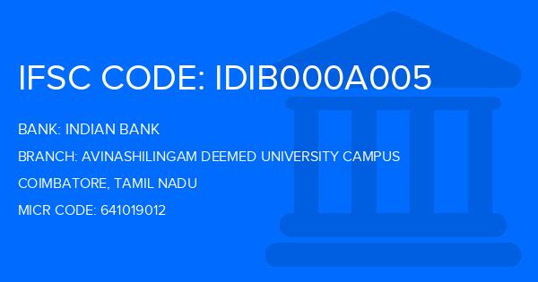 Indian Bank Avinashilingam Deemed University Campus Branch IFSC Code