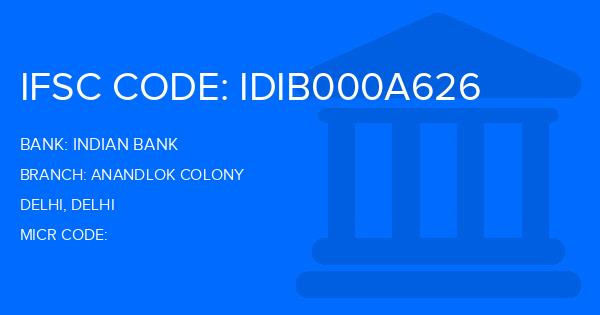 Indian Bank Anandlok Colony Branch IFSC Code