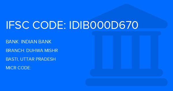 Indian Bank Duhwa Mishr Branch IFSC Code