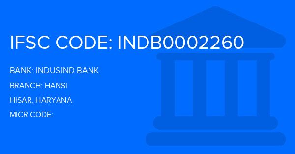 Indusind Bank Hansi Branch IFSC Code