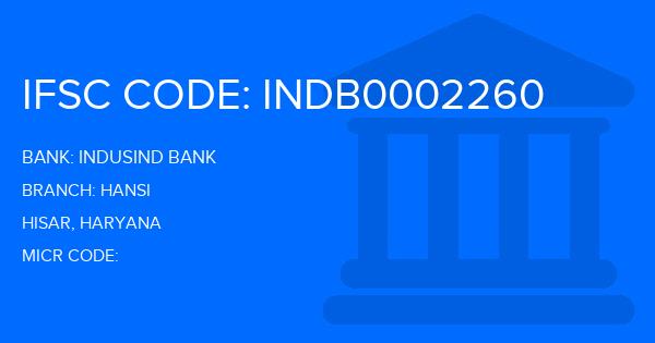 Indusind Bank Hansi Branch IFSC Code