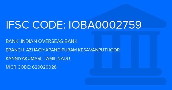 Indian Overseas Bank (IOB) Azhagiyapandipuram Kesavanputhoor Branch IFSC Code