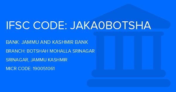 Jammu And Kashmir Bank Botshah Mohalla Srinagar Branch IFSC Code