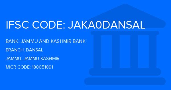 Jammu And Kashmir Bank Dansal Branch IFSC Code