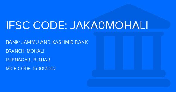 Jammu And Kashmir Bank Mohali Branch IFSC Code