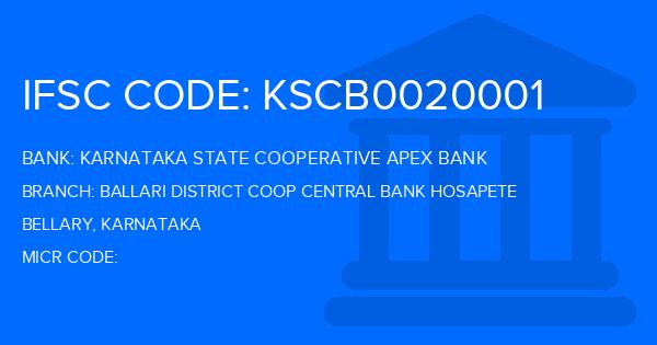Karnataka State Cooperative Apex Bank Ballari District Coop Central Bank Hosapete Branch IFSC Code