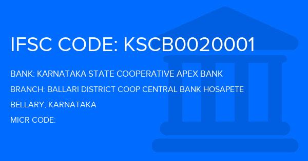 Karnataka State Cooperative Apex Bank Ballari District Coop Central Bank Hosapete Branch IFSC Code