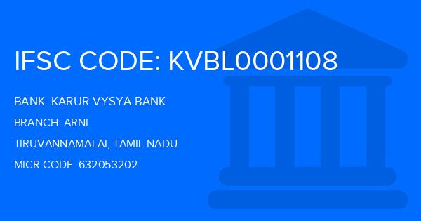 Karur Vysya Bank (KVB) Arni Branch IFSC Code