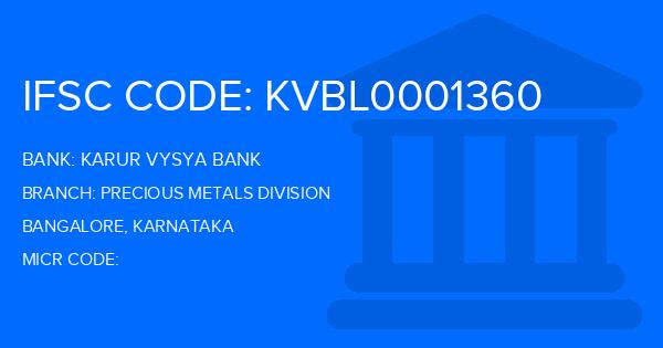 Karur Vysya Bank (KVB) Precious Metals Division Branch IFSC Code