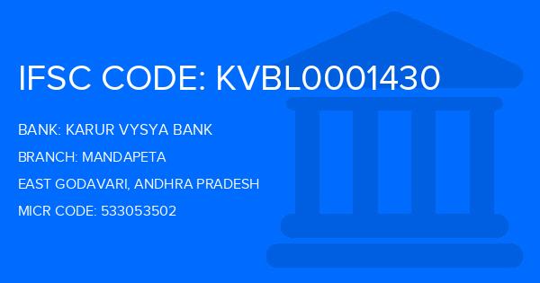 Karur Vysya Bank (KVB) Mandapeta Branch IFSC Code