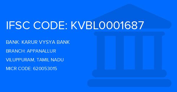 Karur Vysya Bank (KVB) Appanallur Branch IFSC Code