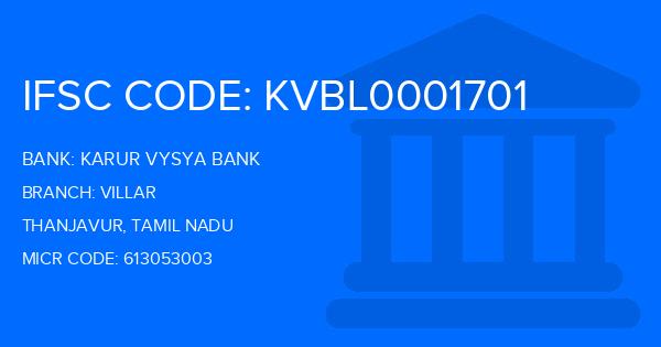 Karur Vysya Bank (KVB) Villar Branch IFSC Code