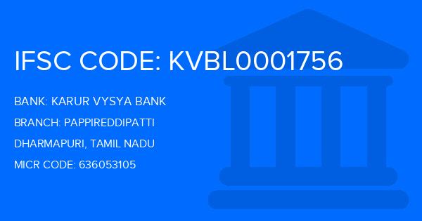 Karur Vysya Bank (KVB) Pappireddipatti Branch IFSC Code