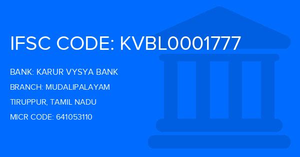 Karur Vysya Bank (KVB) Mudalipalayam Branch IFSC Code