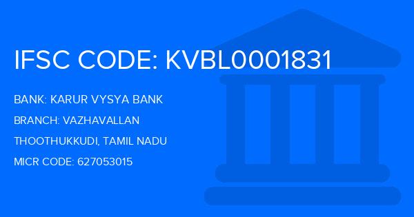 Karur Vysya Bank (KVB) Vazhavallan Branch IFSC Code