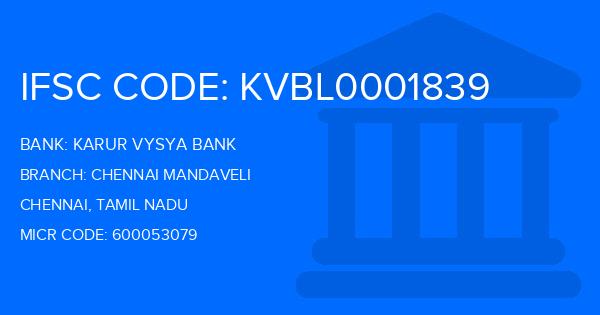 Karur Vysya Bank (KVB) Chennai Mandaveli Branch IFSC Code