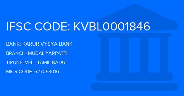 Karur Vysya Bank (KVB) Mudaliyarpatti Branch IFSC Code