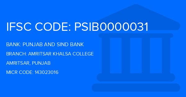 Punjab And Sind Bank (PSB) Amritsar Khalsa College Branch IFSC Code