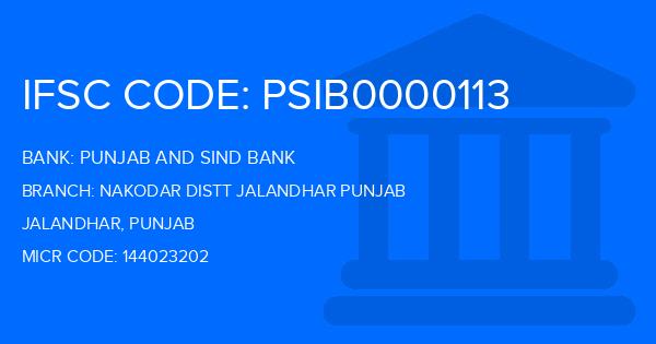Punjab And Sind Bank (PSB) Nakodar Distt Jalandhar Punjab Branch IFSC Code