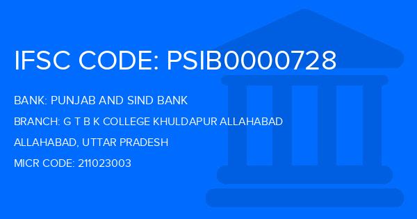 Punjab And Sind Bank (PSB) G T B K College Khuldapur Allahabad Branch IFSC Code