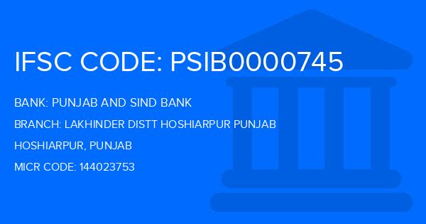 Punjab And Sind Bank (PSB) Lakhinder Distt Hoshiarpur Punjab Branch IFSC Code